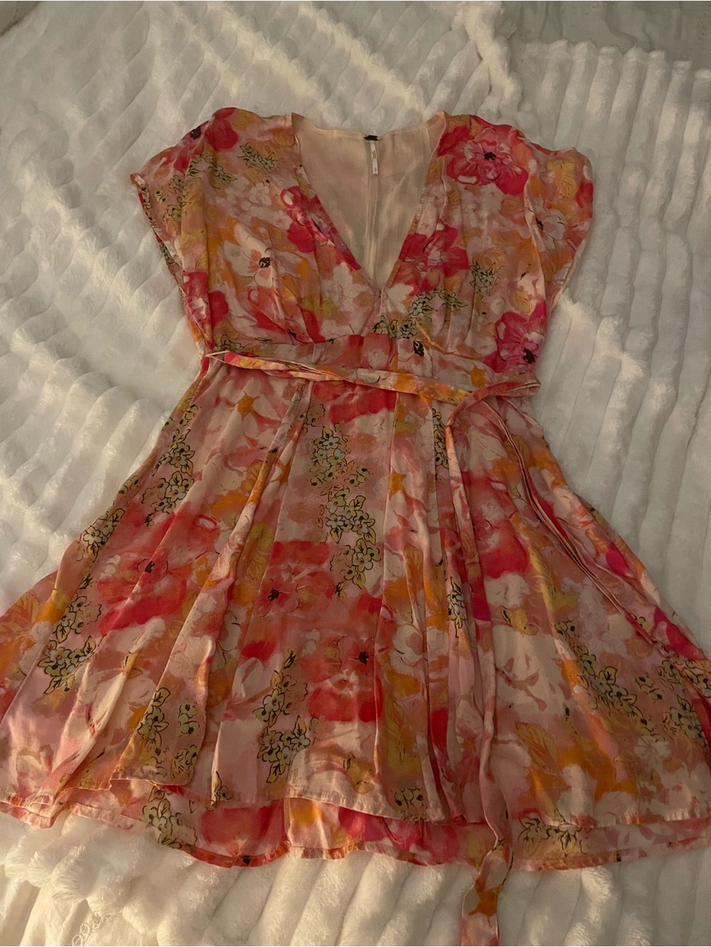 Free People Pink and Orange Floral Dress with Tie Waist